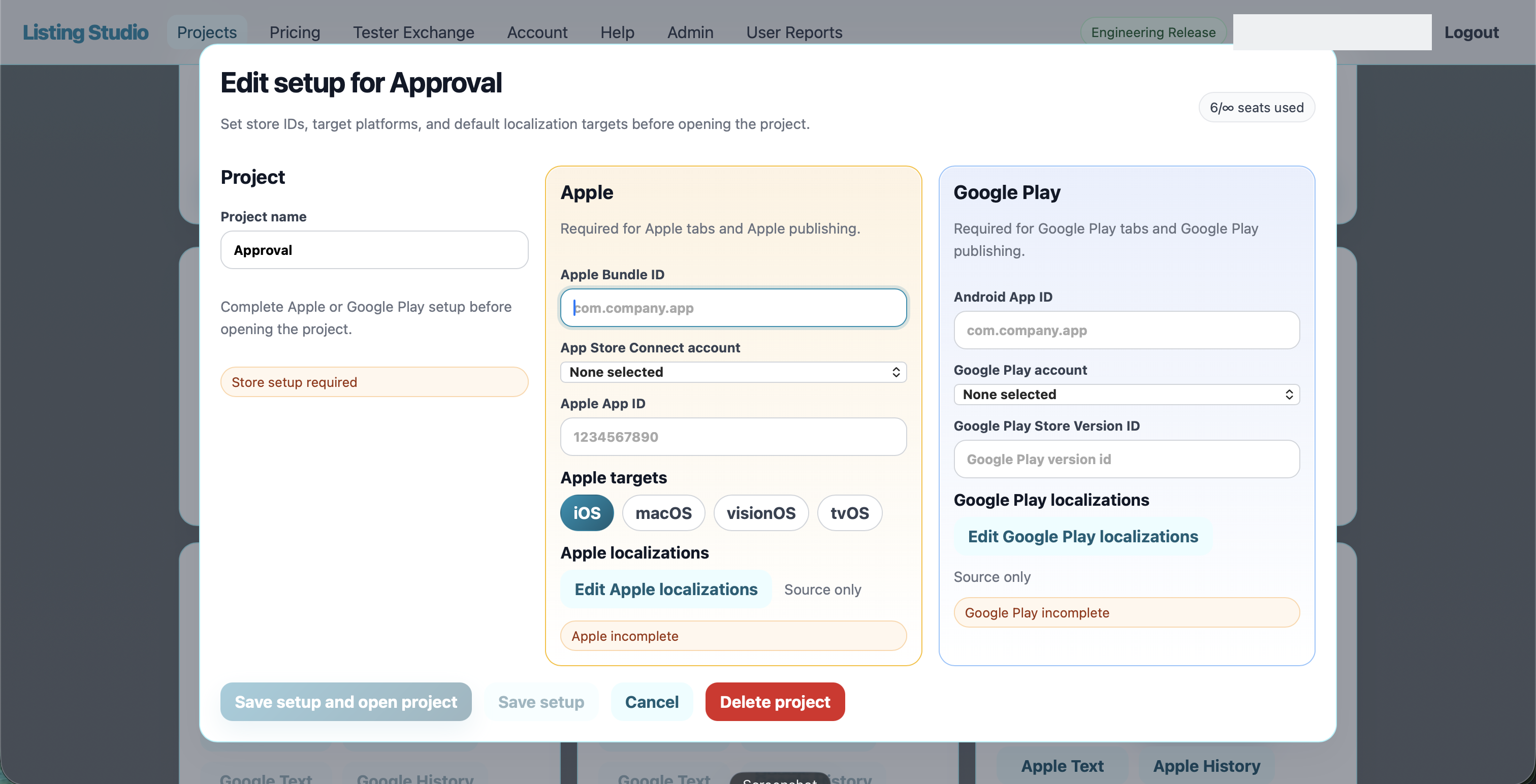 Listing Studios app setup dialog with Apple and Google Play configuration fields