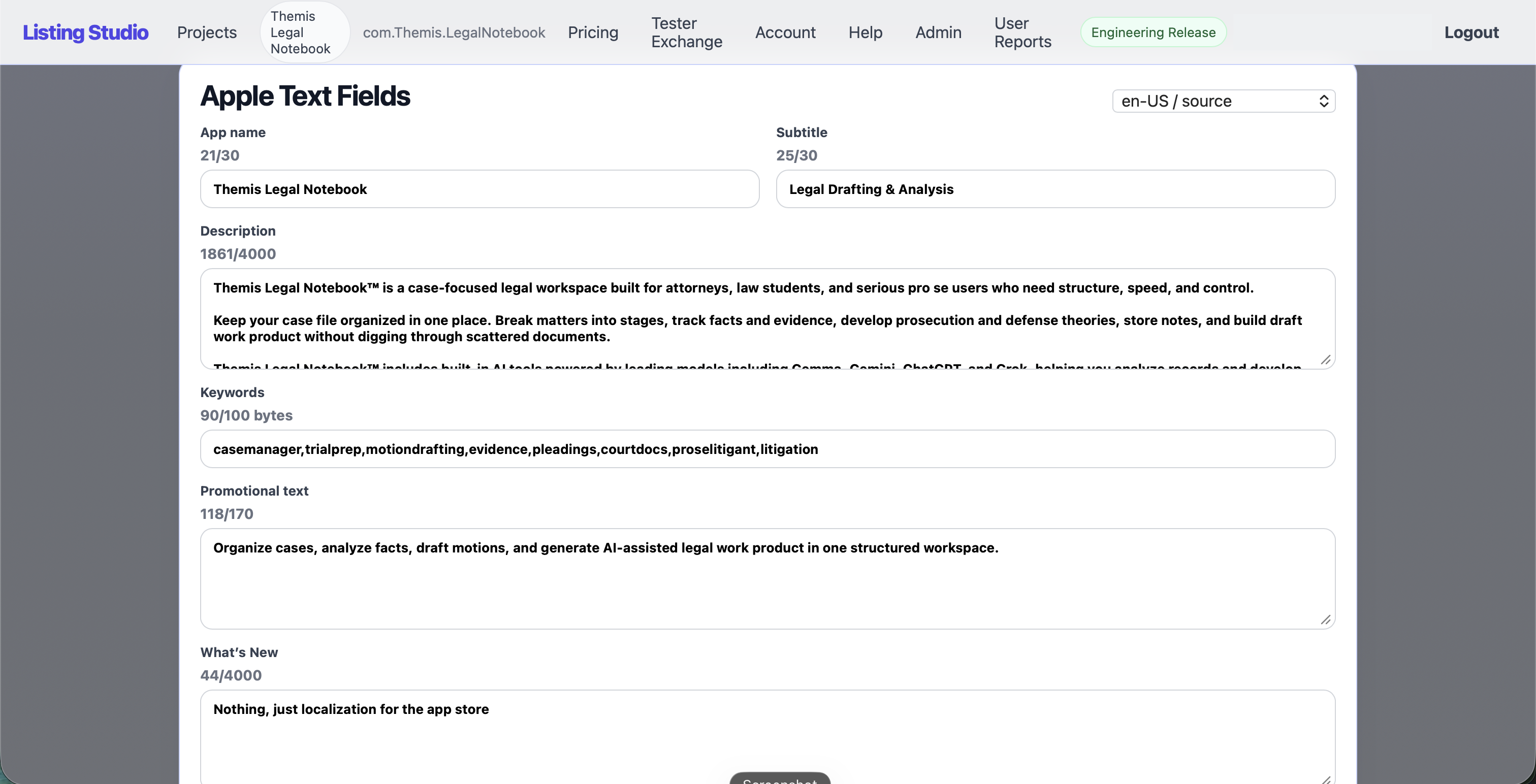 Listing Studios Apple text fields for app name, subtitle, description, keywords, promotional text, and release notes
