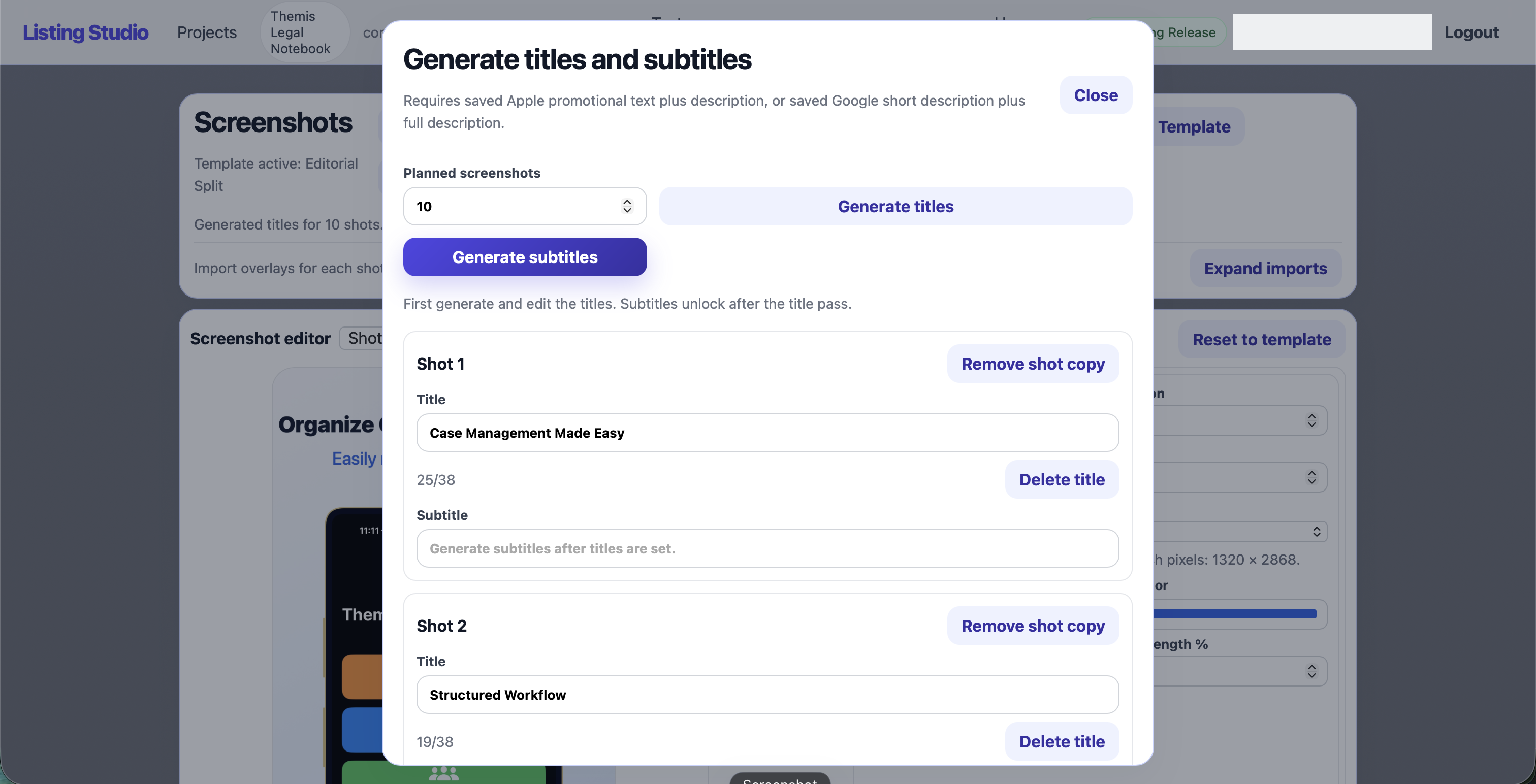 Listing Studios generator for screenshot titles and subtitles