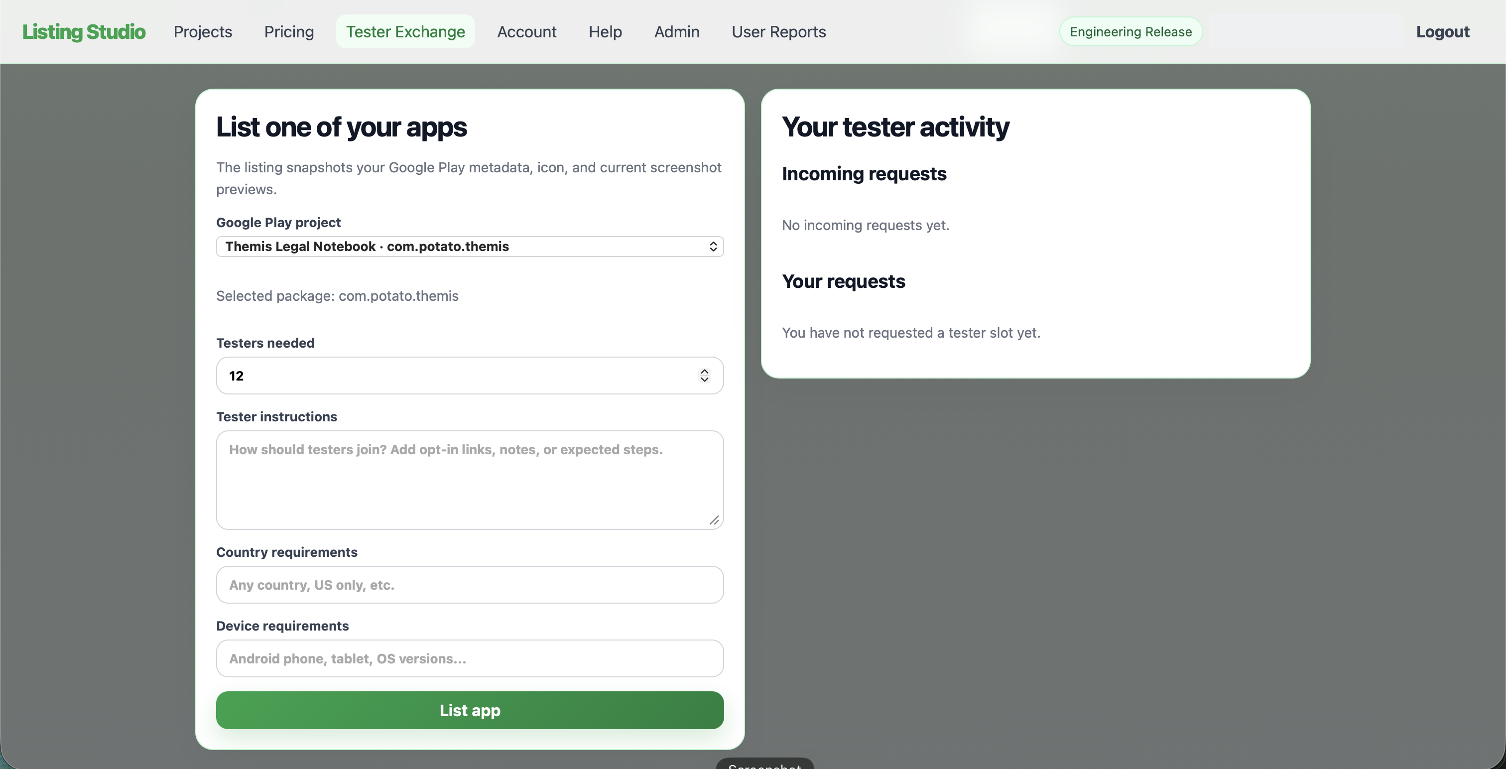 Listing Studios tester exchange page for listing apps and finding testers