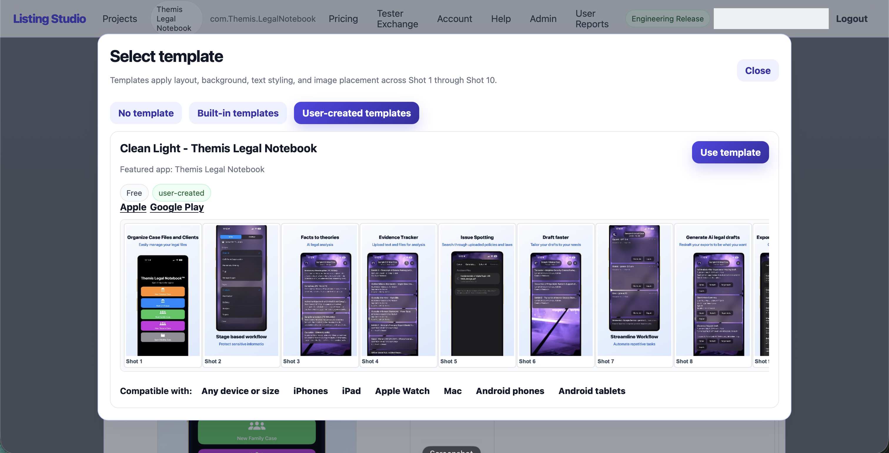 Listing Studios template sharing dialog for submitting a screenshot template idea